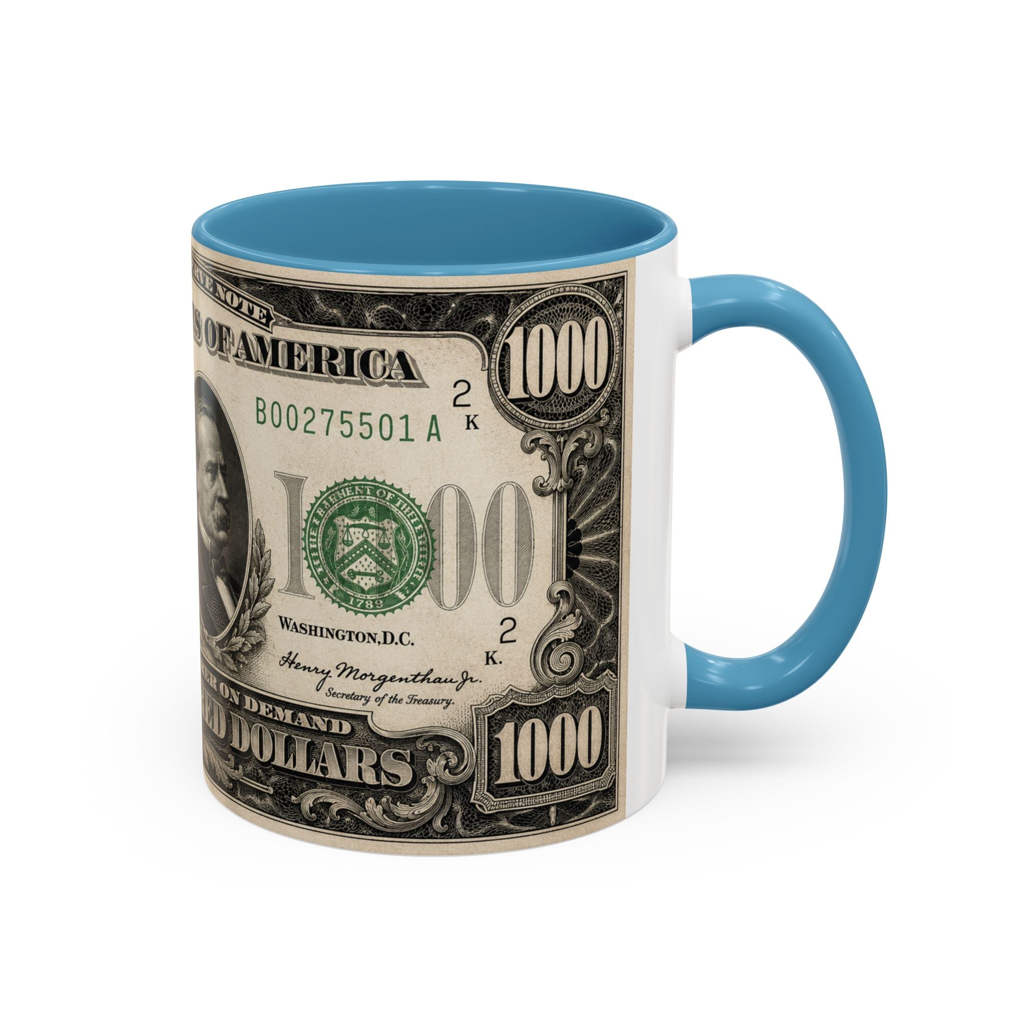 Money Print Coffee Mug — Vintage 1000 & 500 Note Accent Mug