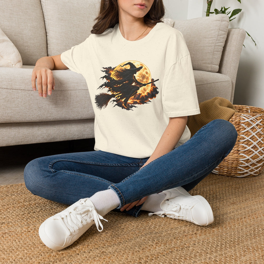 Witch Silhouette T-Shirt — Flying Witch & Full Moon Halloween Tee