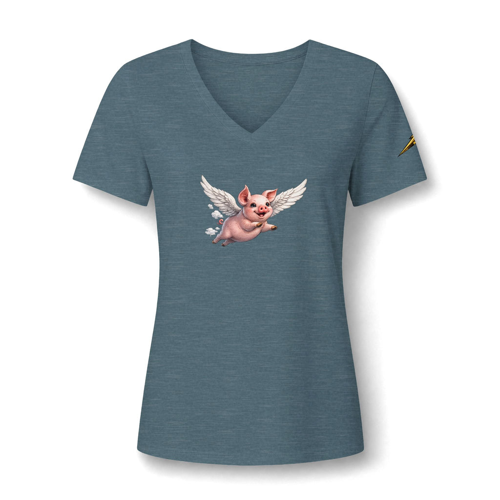 Women's V-Neck Tee — Flying Pig Angel Graphic