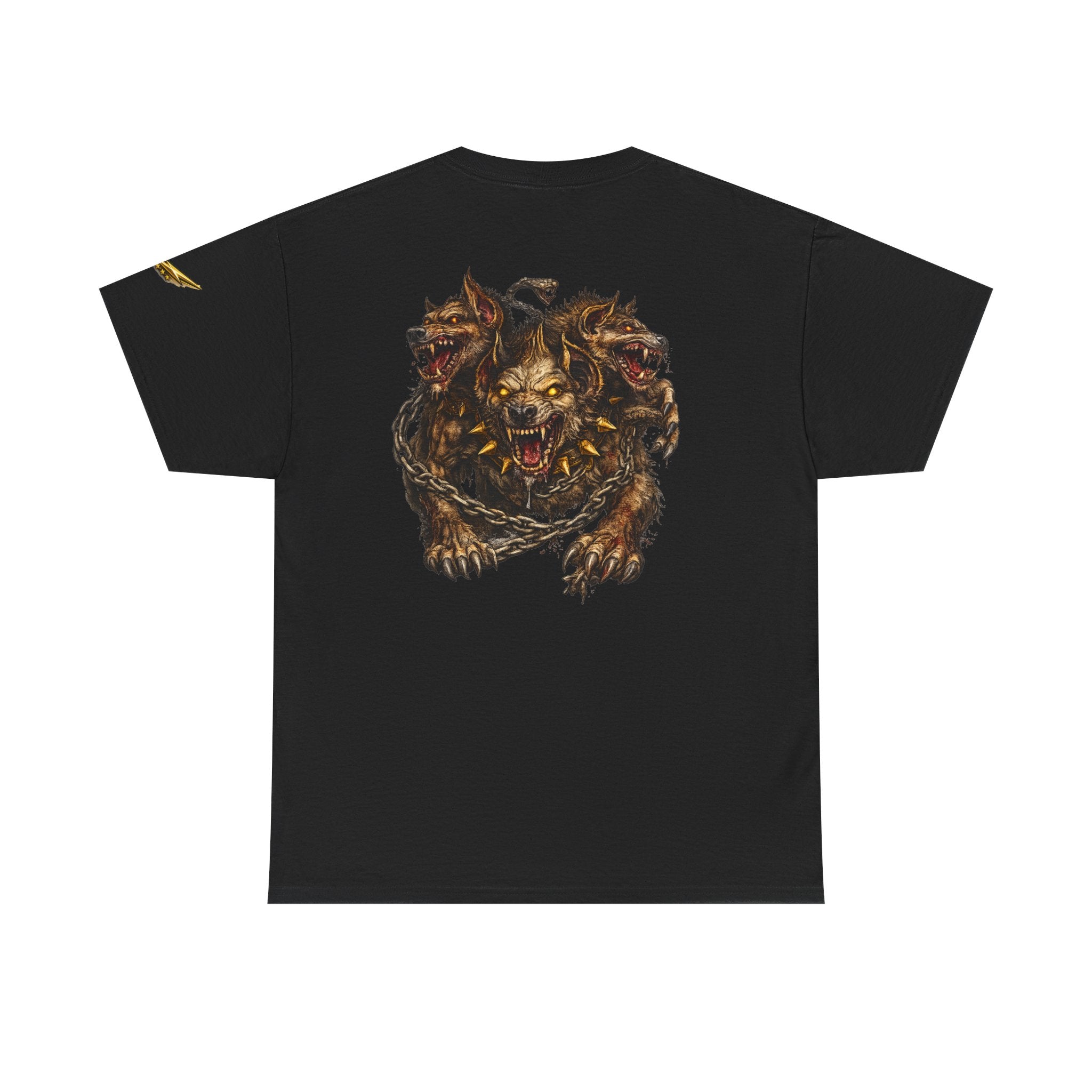 Three-Headed Hellhound Graphic Tee — Mythic Wolf Monster Back Print