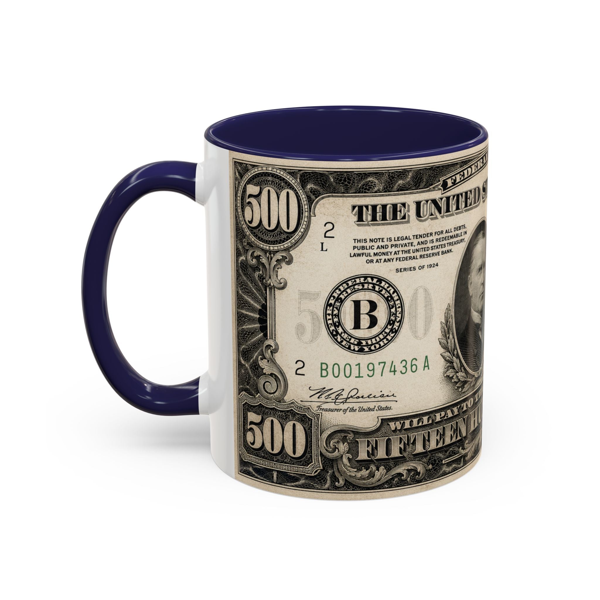 Money Print Coffee Mug — Vintage 1000 & 500 Note Accent Mug