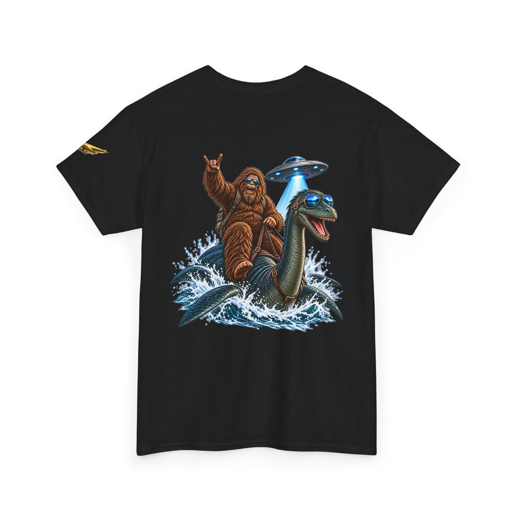 T-Shirt — Sasquatch Riding Loch Ness Monster with UFOs Graphic Tee