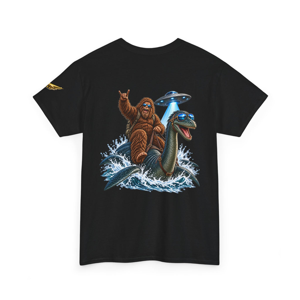 T-Shirt — Sasquatch Riding Loch Ness Monster with UFOs Graphic Tee