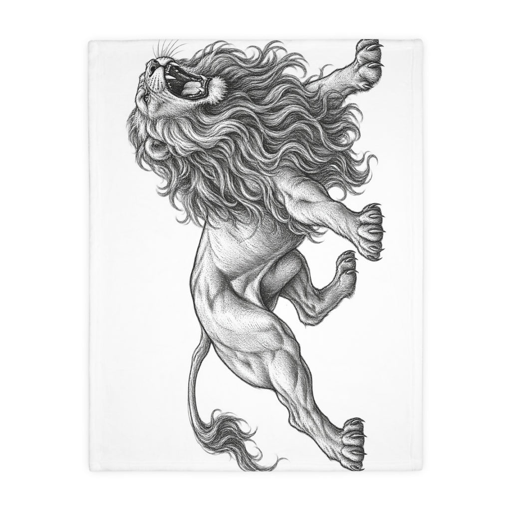 Lion Illustration Microfiber Blanket — Roaring Vintage Sketch Design