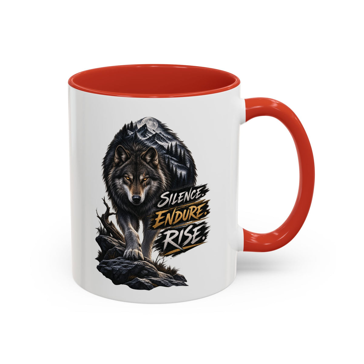 Wolf Graphic Coffee Mug — "Silence Endure Rise" Accent Ceramic Mug (11/15oz)