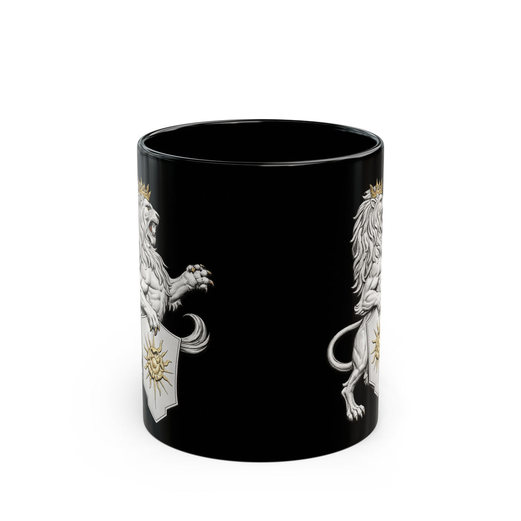 Copy of Regal Lion Crest Black Mug – Crowned Lion with Sun Shield, Medieval Heraldry Coffee Cup