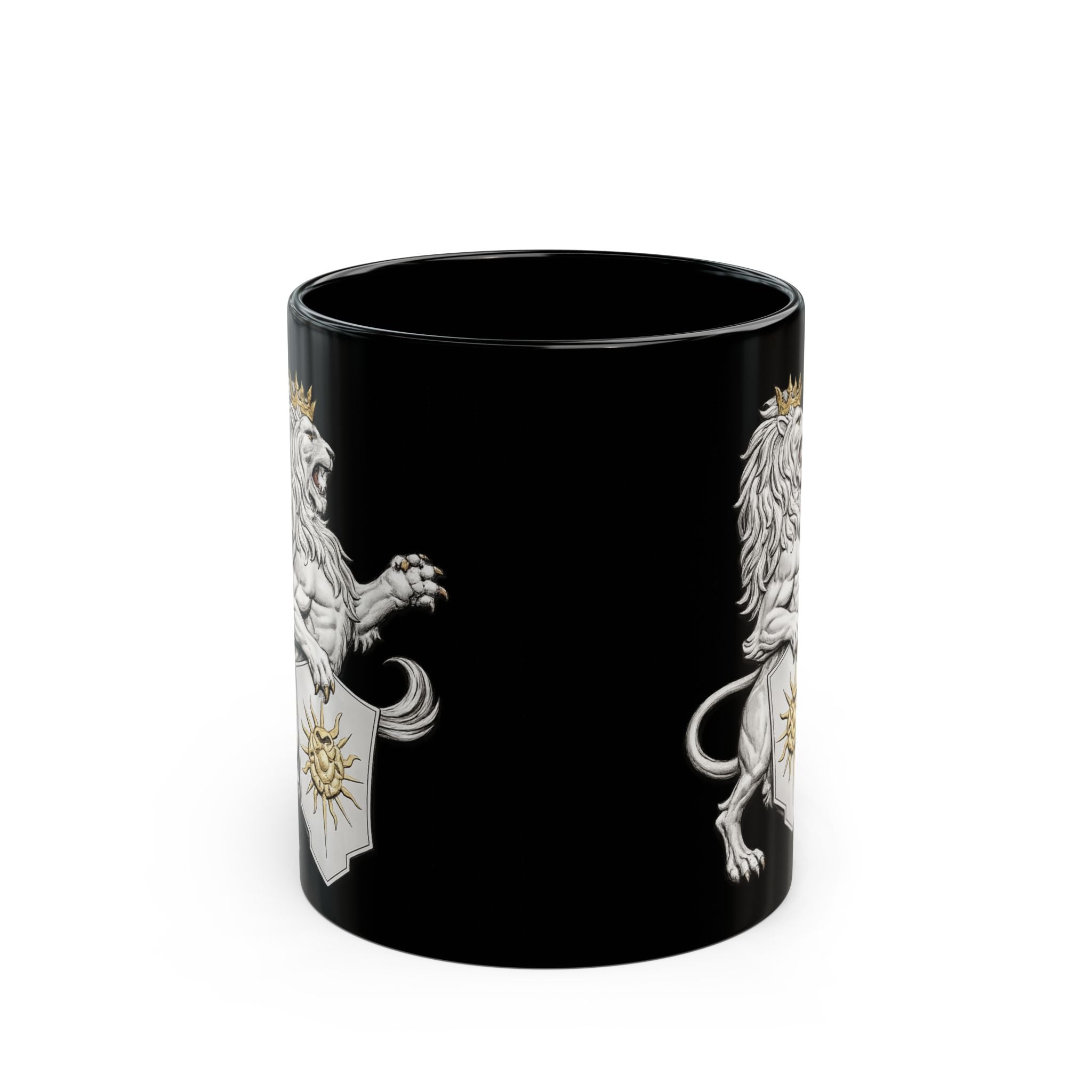 Copy of Regal Lion Crest Black Mug – Crowned Lion with Sun Shield, Medieval Heraldry Coffee Cup