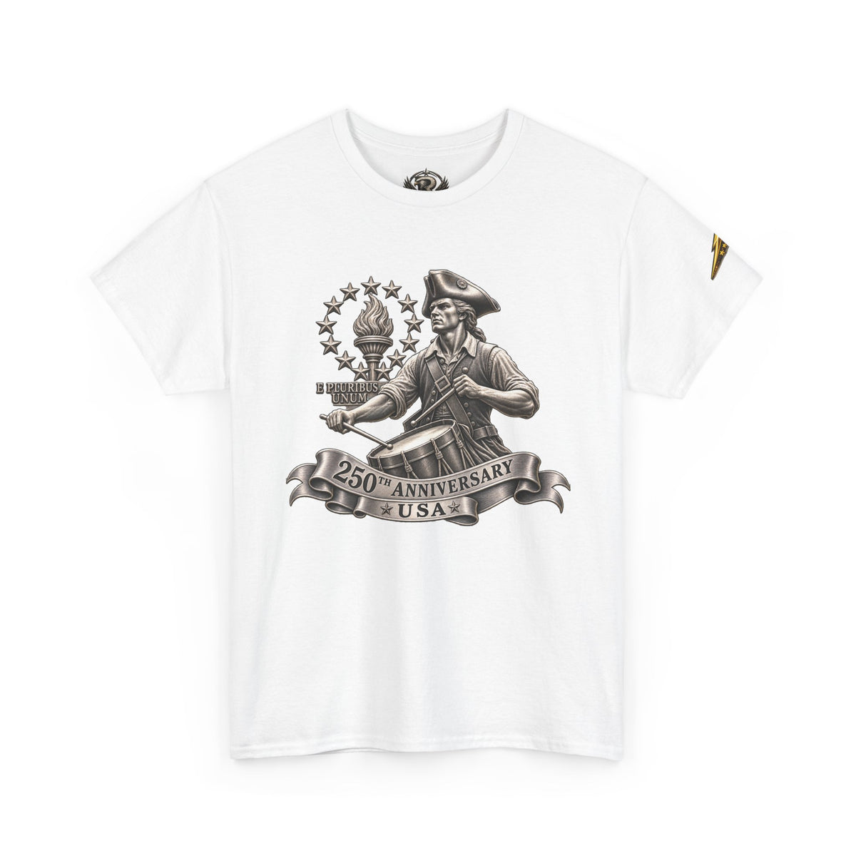 250th Anniversary USA Patriotic T‑Shirt — Revolutionary Soldier & Waving Flag Tee