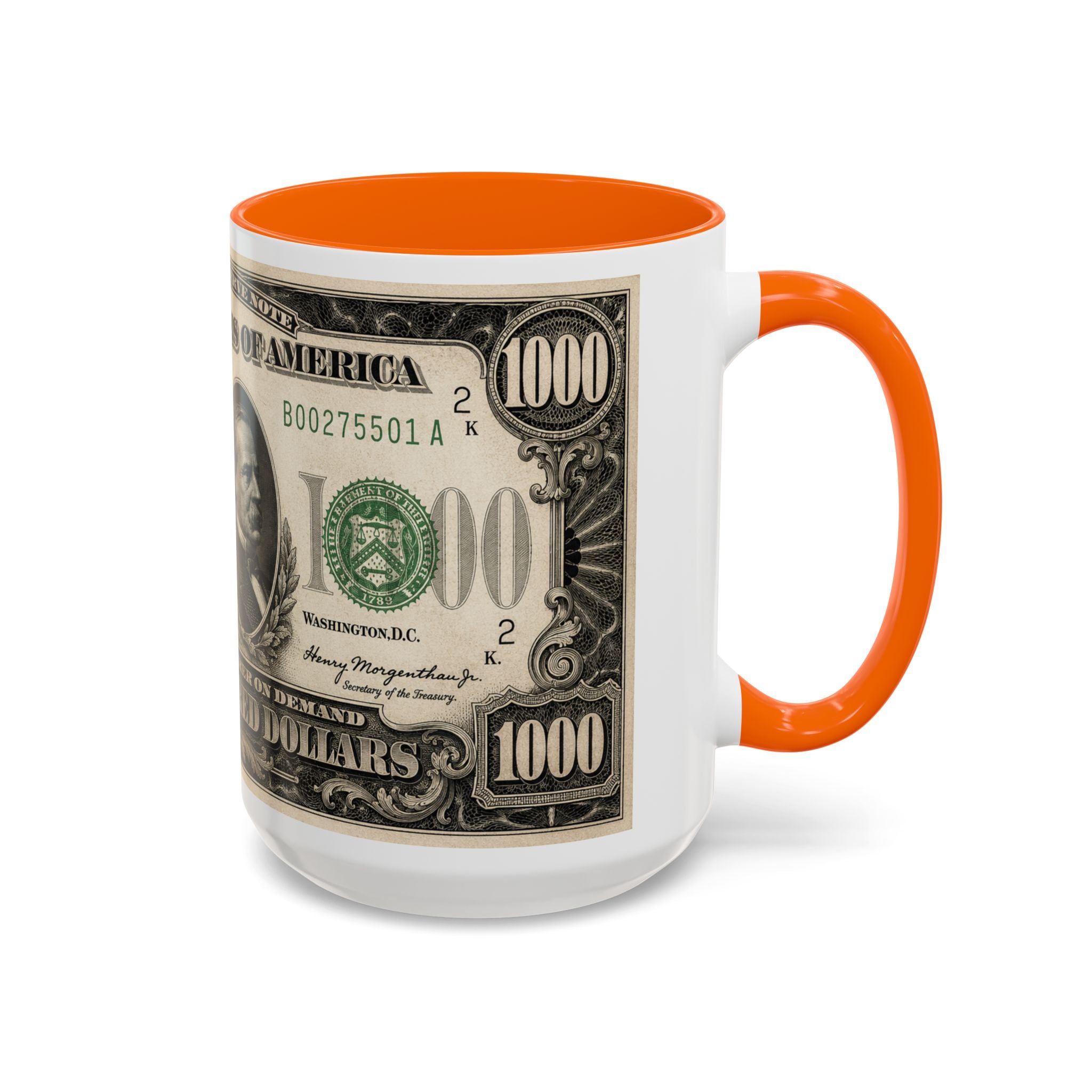 Money Print Coffee Mug — Vintage 1000 & 500 Note Accent Mug