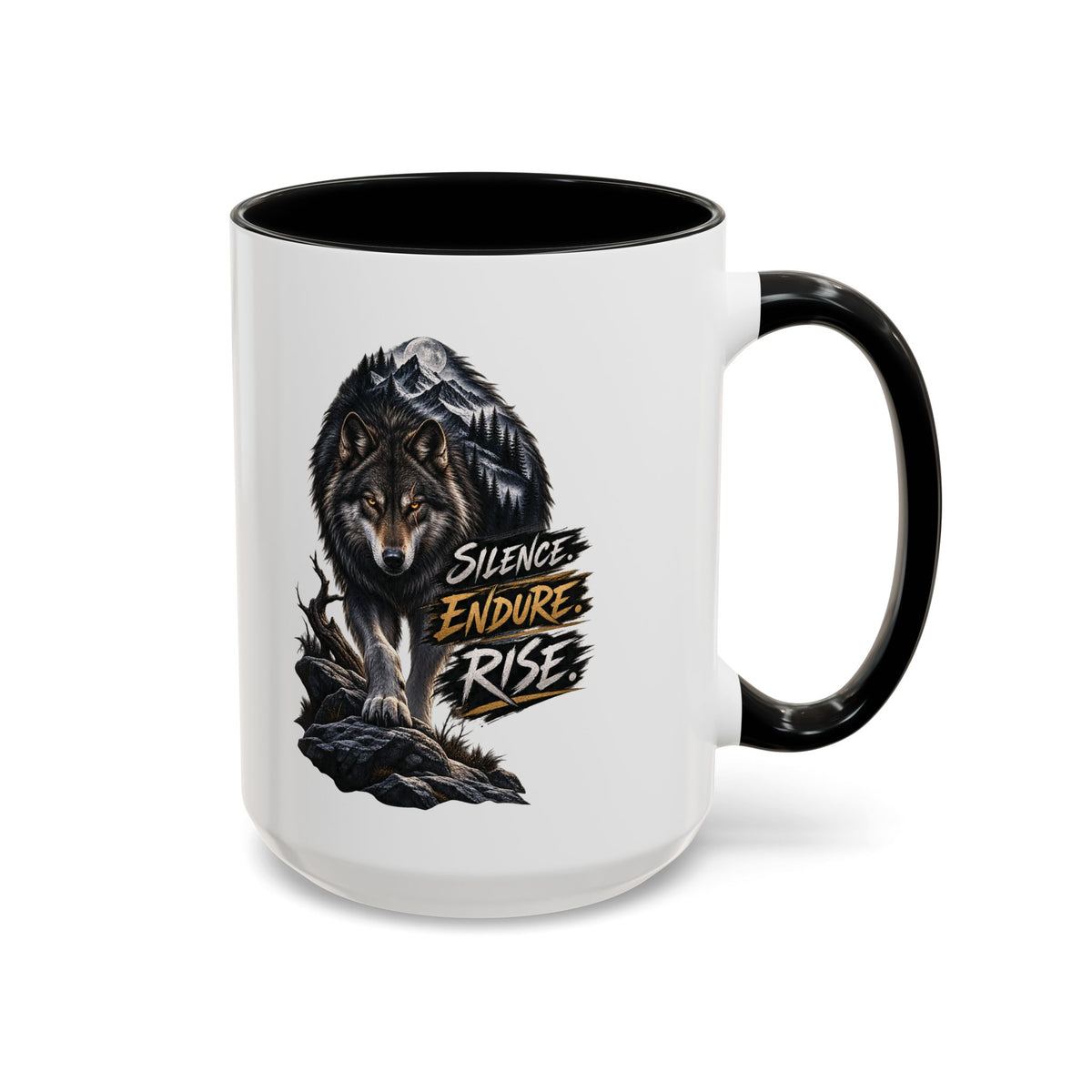 Wolf Graphic Coffee Mug — "Silence Endure Rise" Accent Ceramic Mug (11/15oz)