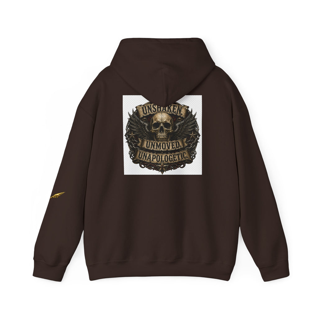 Hoodie — "Unshaken, Unmoved, Unapologetic" Skull Crest Back Print