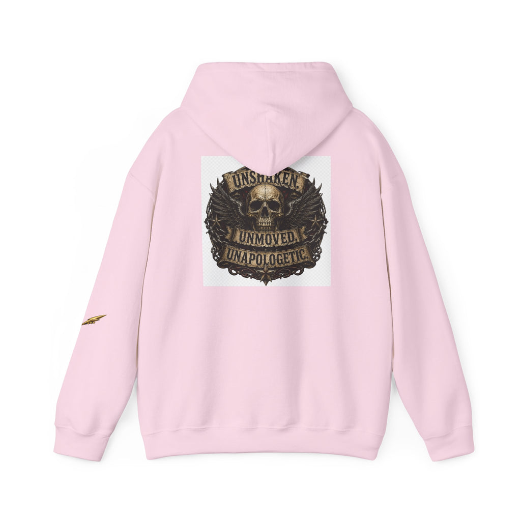 Hoodie — "Unshaken, Unmoved, Unapologetic" Skull Crest Back Print