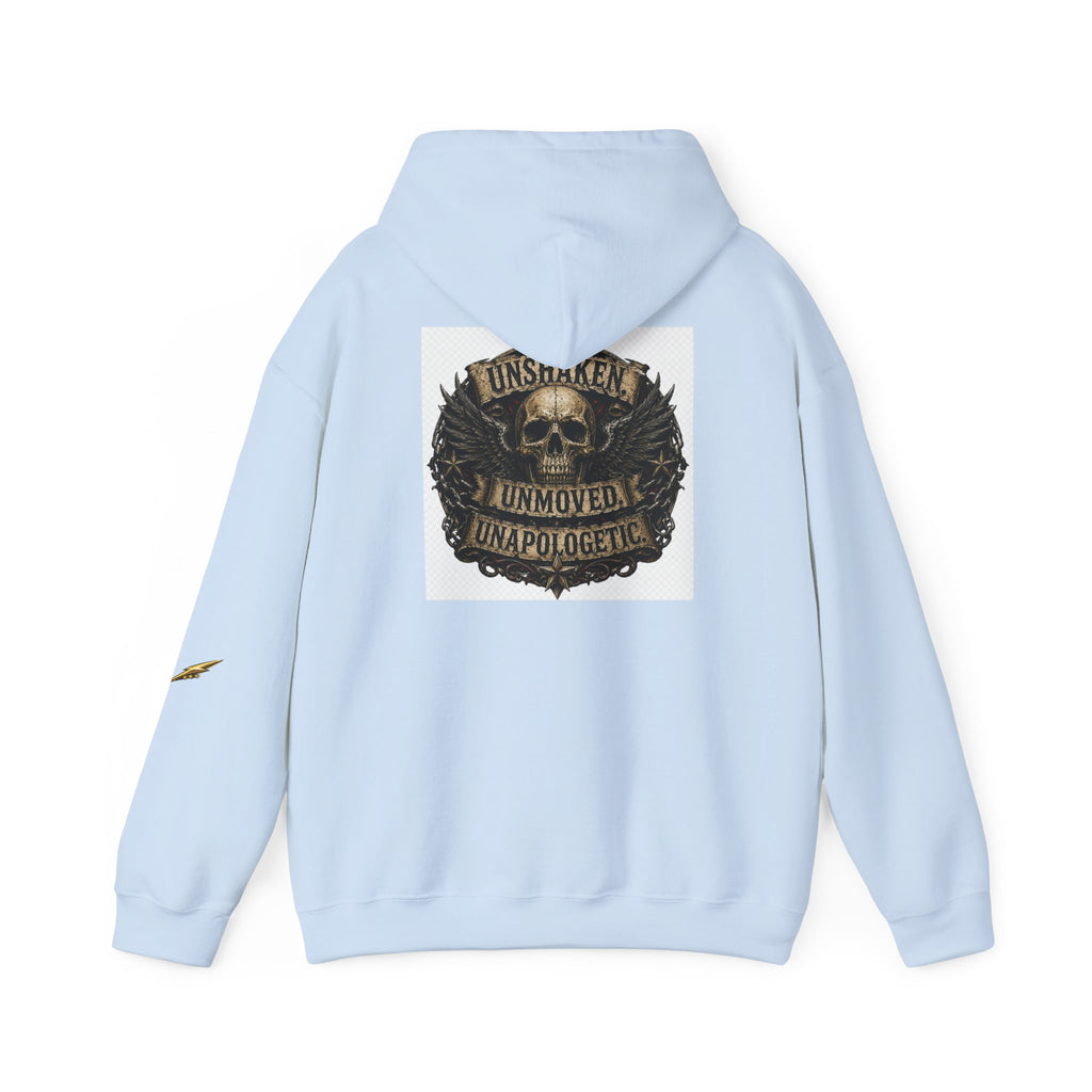 Hoodie — "Unshaken, Unmoved, Unapologetic" Skull Crest Back Print