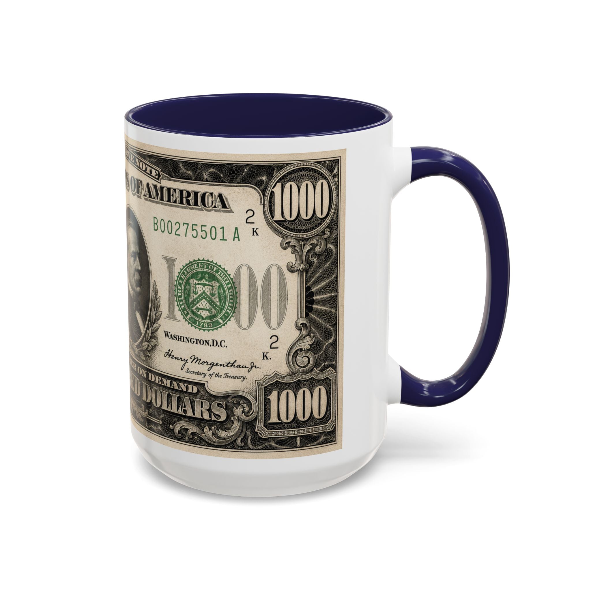 Money Print Coffee Mug — Vintage 1000 & 500 Note Accent Mug