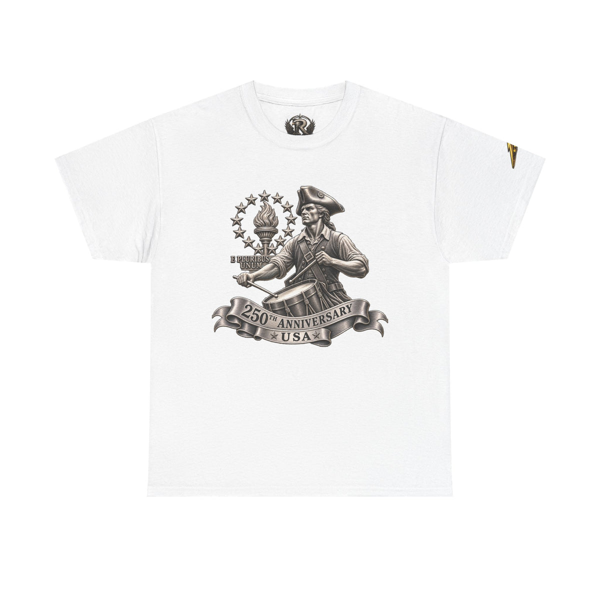 250th Anniversary USA Patriotic T‑Shirt — Revolutionary Soldier & Waving Flag Tee