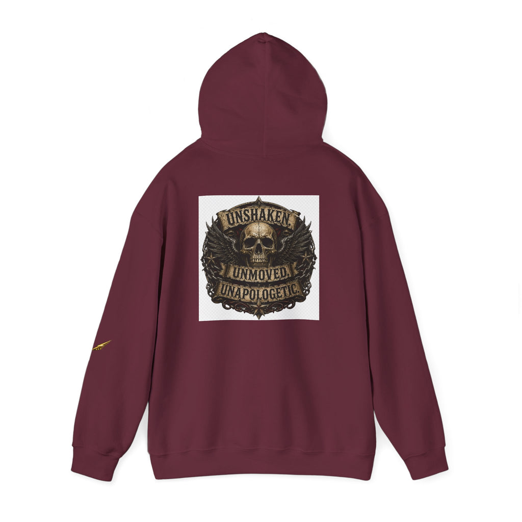 Hoodie — "Unshaken, Unmoved, Unapologetic" Skull Crest Back Print