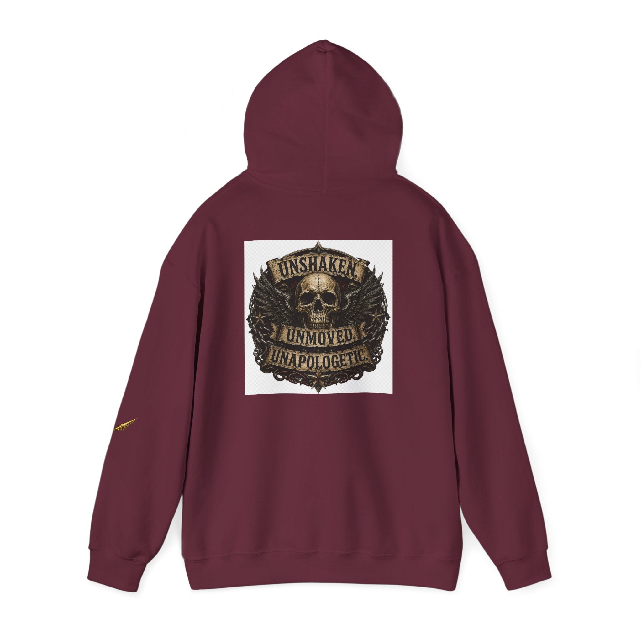 Hoodie — "Unshaken, Unmoved, Unapologetic" Skull Crest Back Print