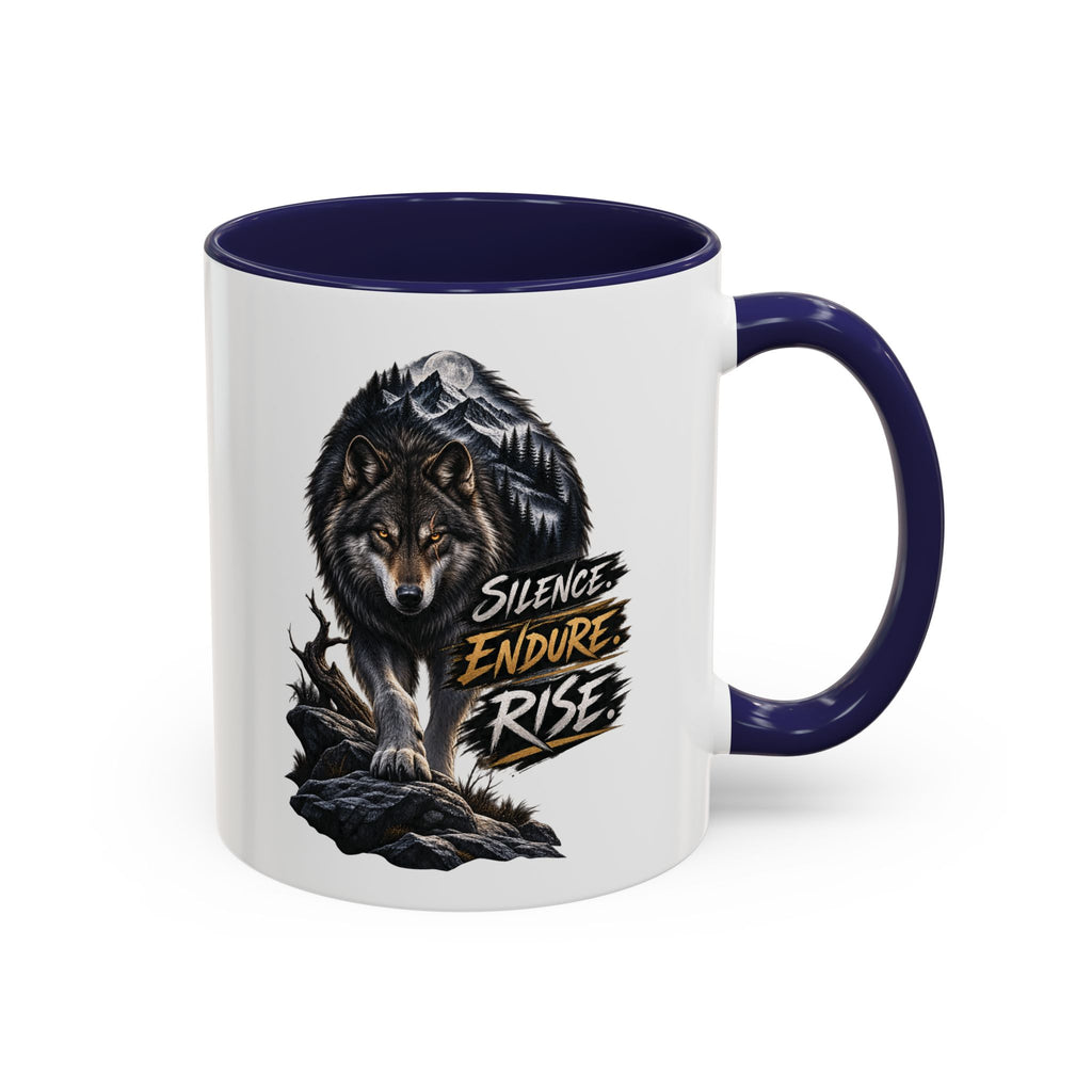 Wolf Graphic Coffee Mug — "Silence Endure Rise" Accent Ceramic Mug (11/15oz)
