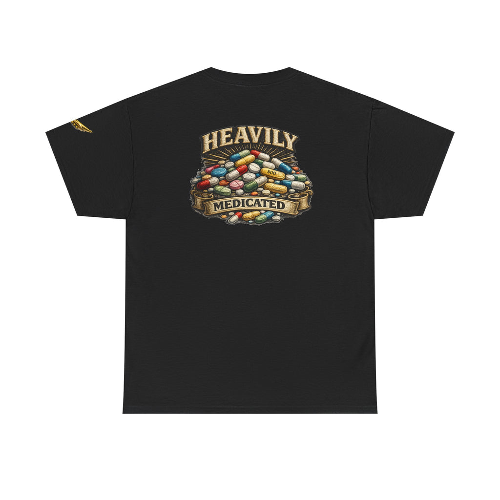 Heavily Medicated Tee — Graphic Pill Pile Back Print T‑Shirt