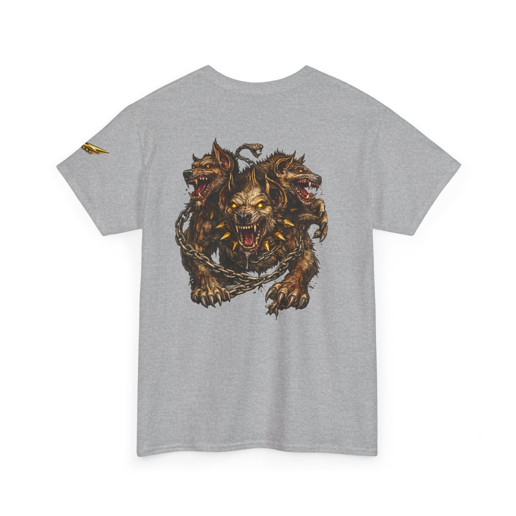Three-Headed Hellhound Graphic Tee — Mythic Wolf Monster Back Print