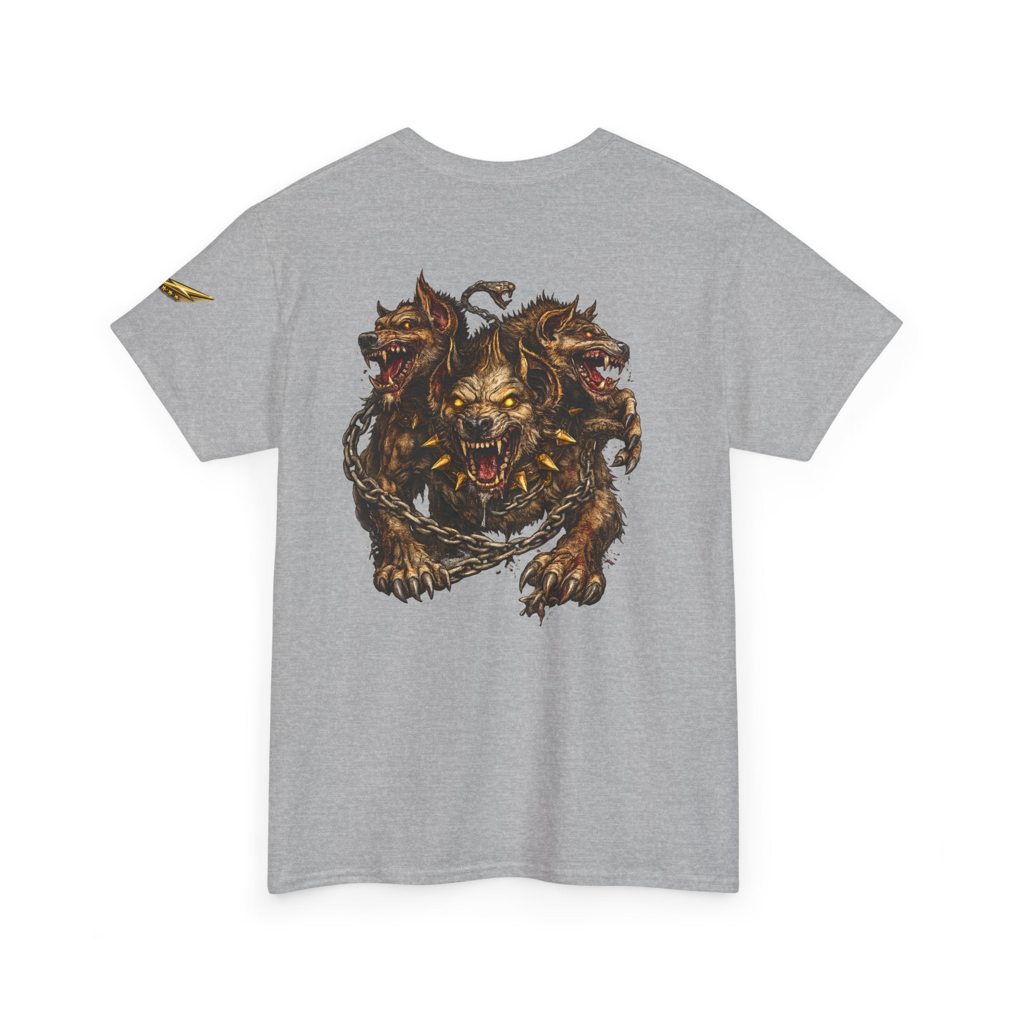 Three-Headed Hellhound Graphic Tee — Mythic Wolf Monster Back Print