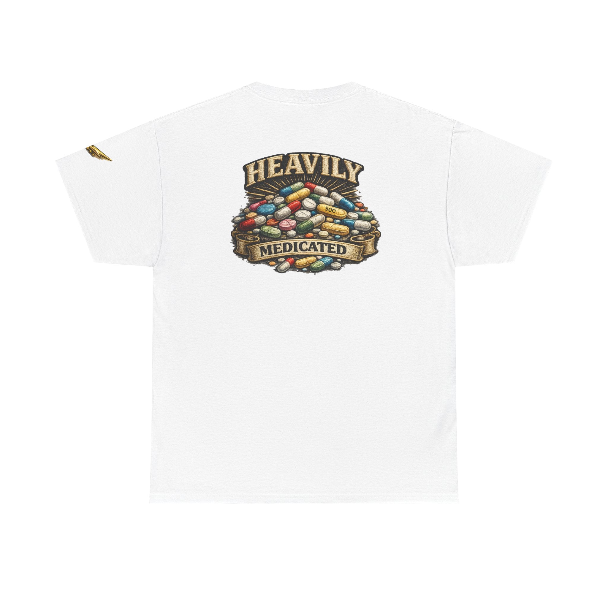 Heavily Medicated Tee — Graphic Pill Pile Back Print T‑Shirt