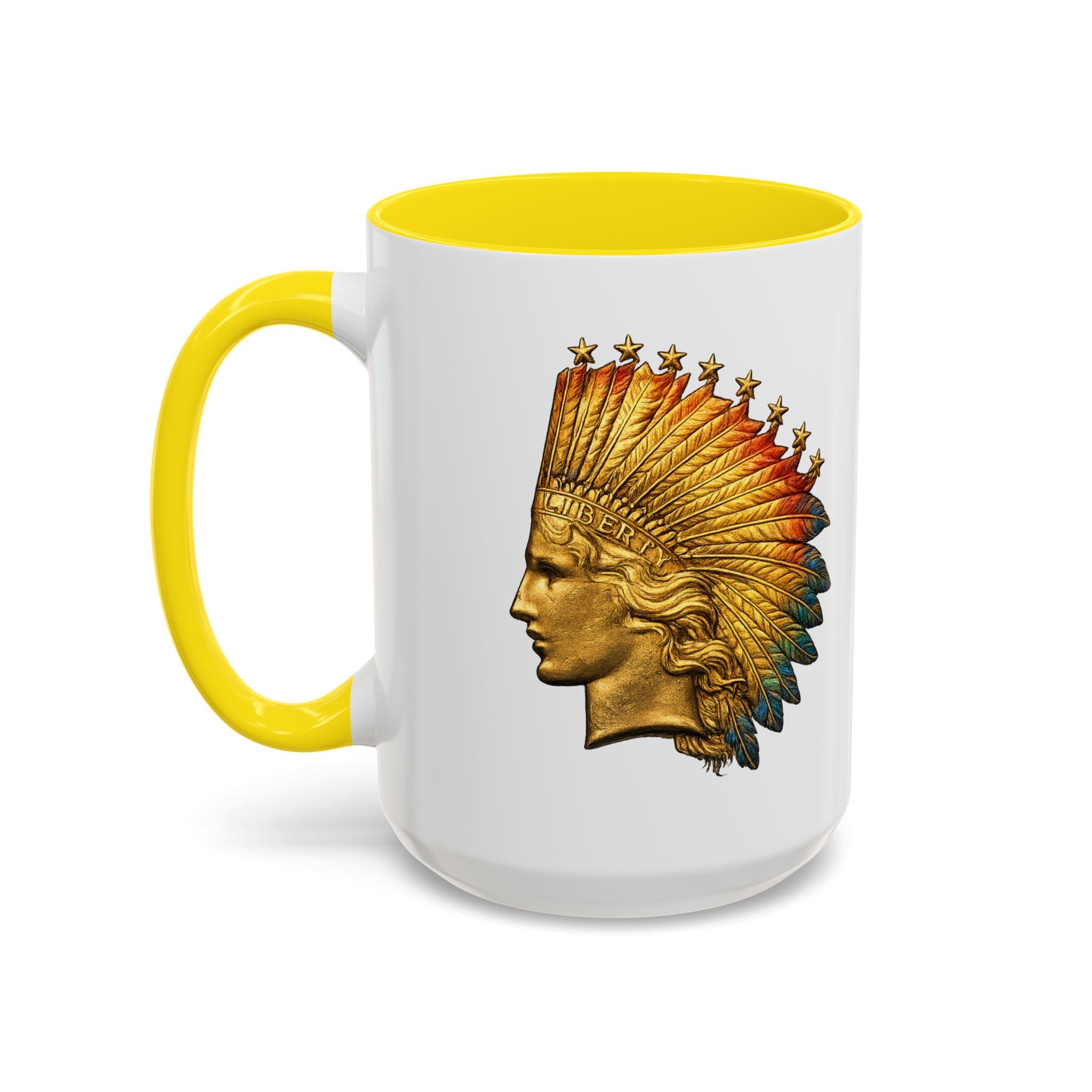 Golden Native Headdress Accent Coffee Mug – Vintage Indian Chief Design (11/15oz)
