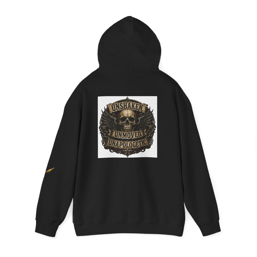Hoodie — "Unshaken, Unmoved, Unapologetic" Skull Crest Back Print