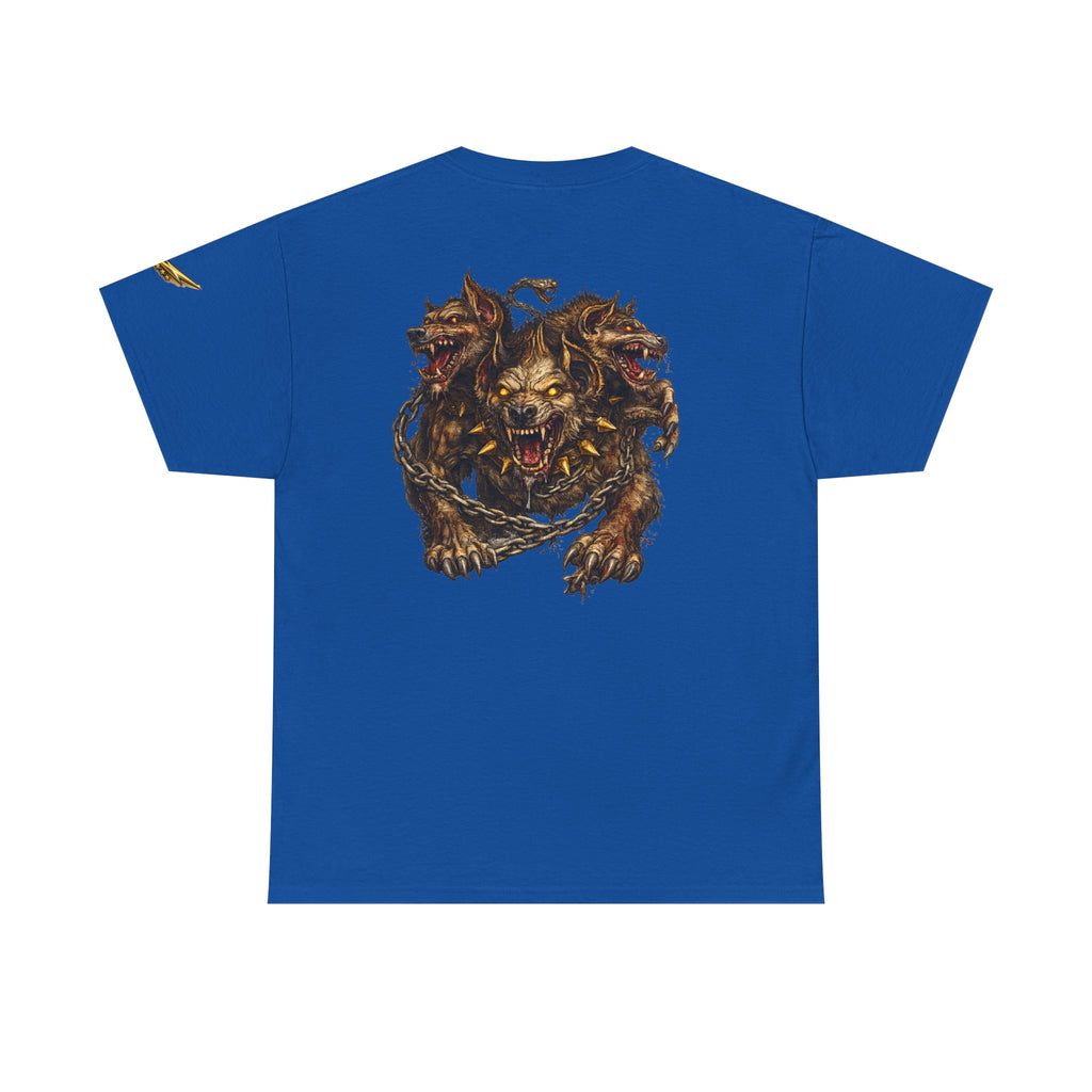 Three-Headed Hellhound Graphic Tee — Mythic Wolf Monster Back Print