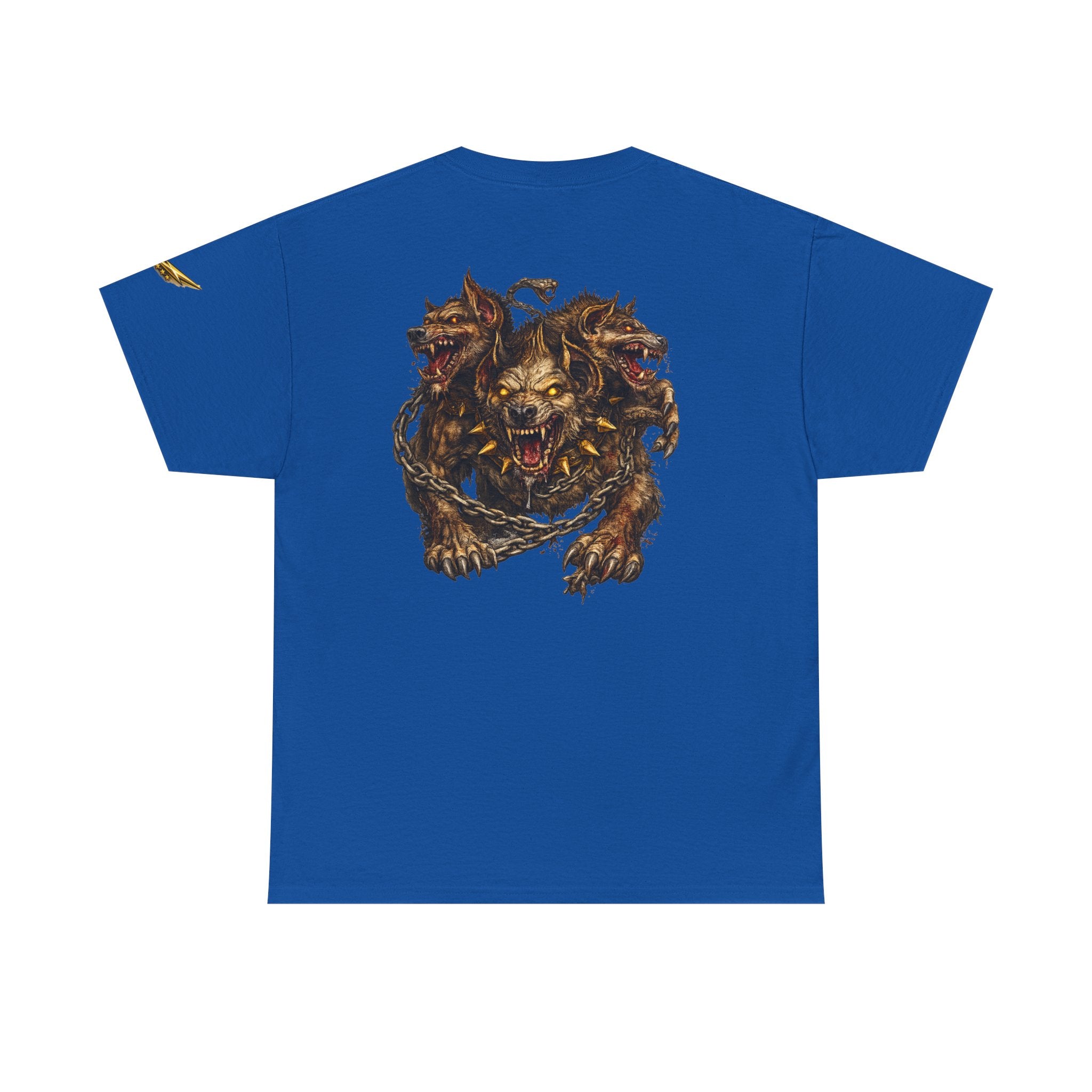 Three-Headed Hellhound Graphic Tee — Mythic Wolf Monster Back Print