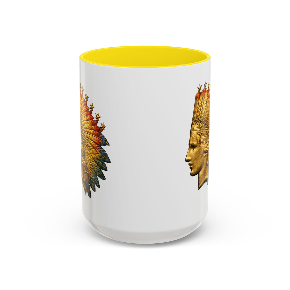Golden Native Headdress Accent Coffee Mug – Vintage Indian Chief Design (11/15oz)