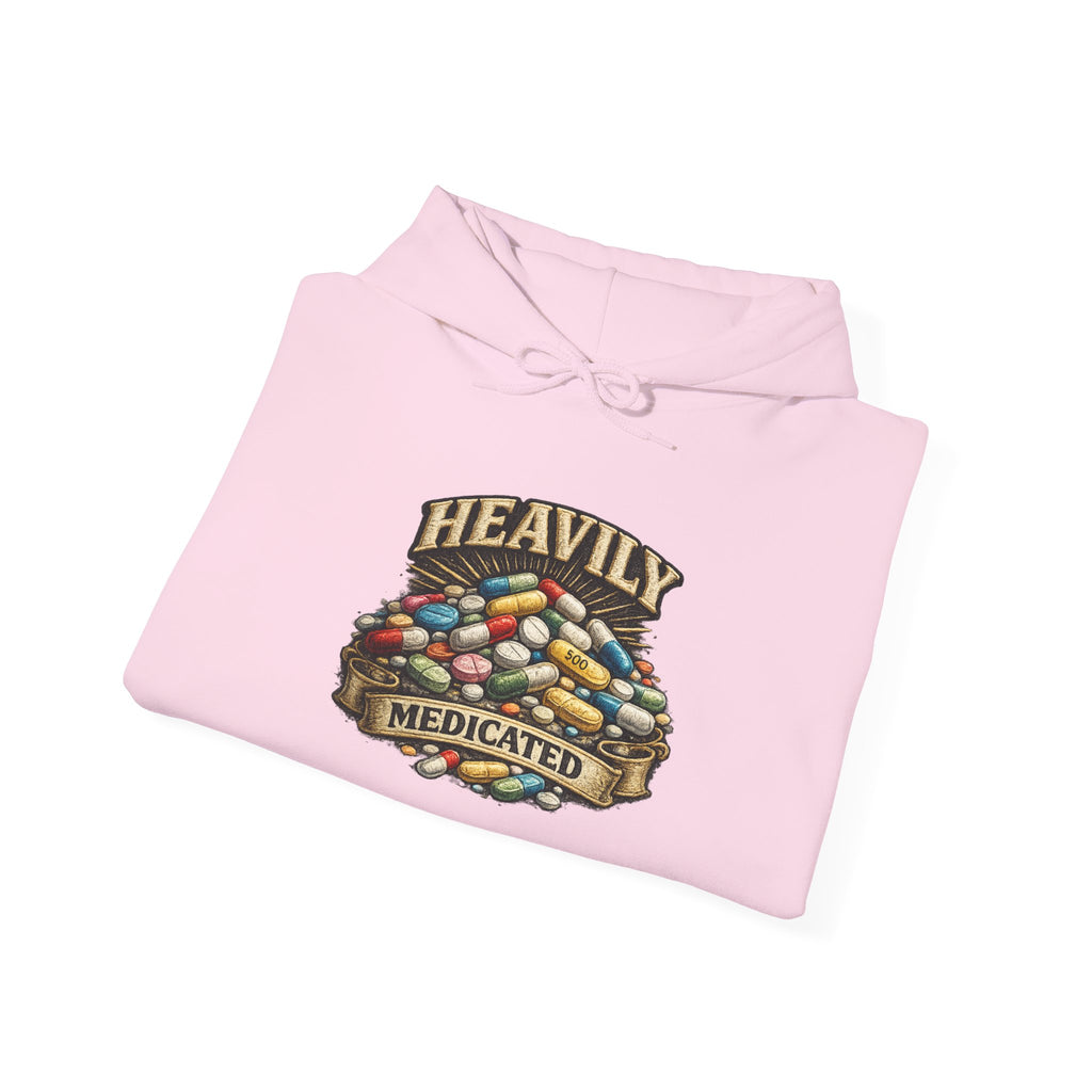 Heavily Medicated Hoodie — 'Heavily Medicated' Pill Pile Graphic Pullover