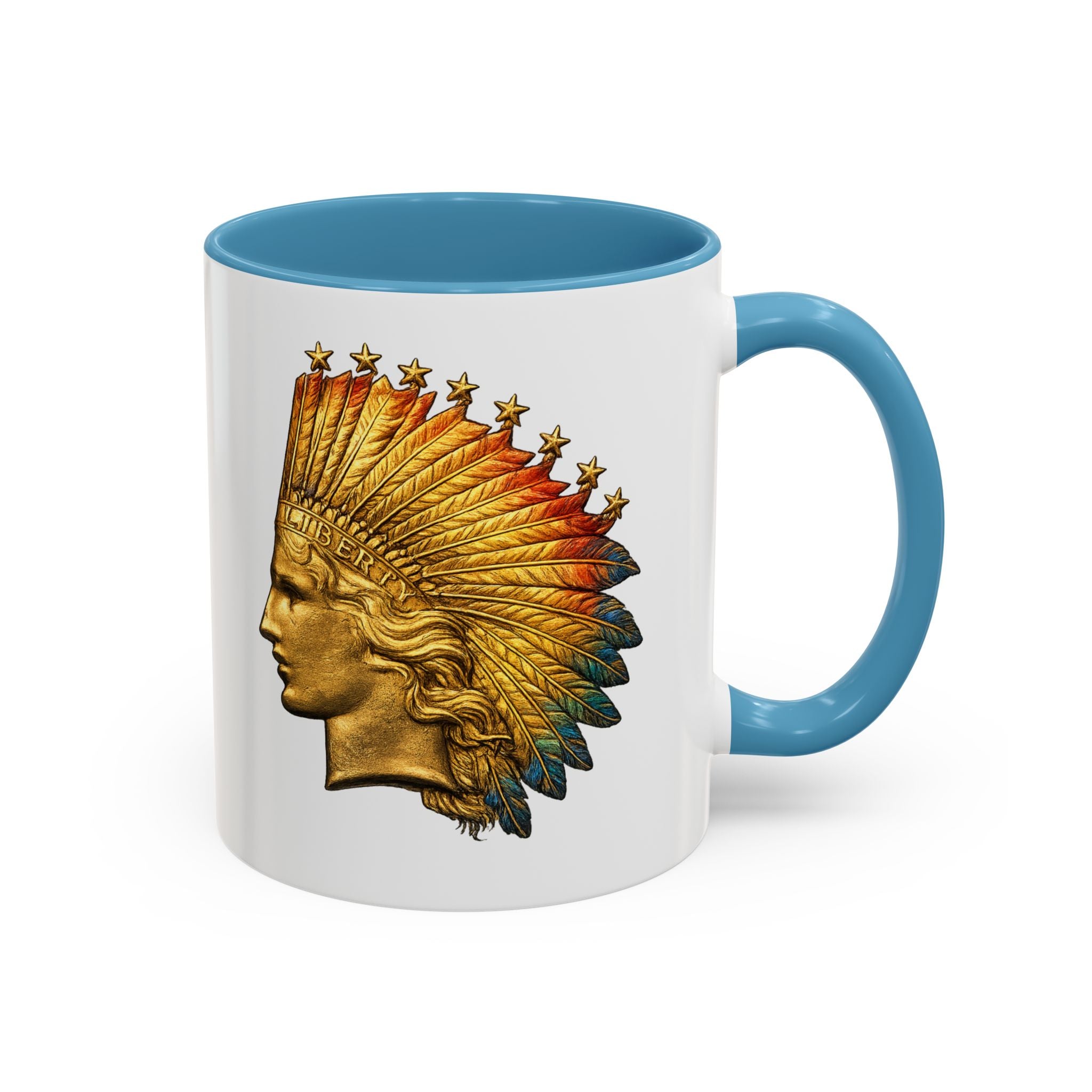 Golden Native Headdress Accent Coffee Mug – Vintage Indian Chief Design (11/15oz)