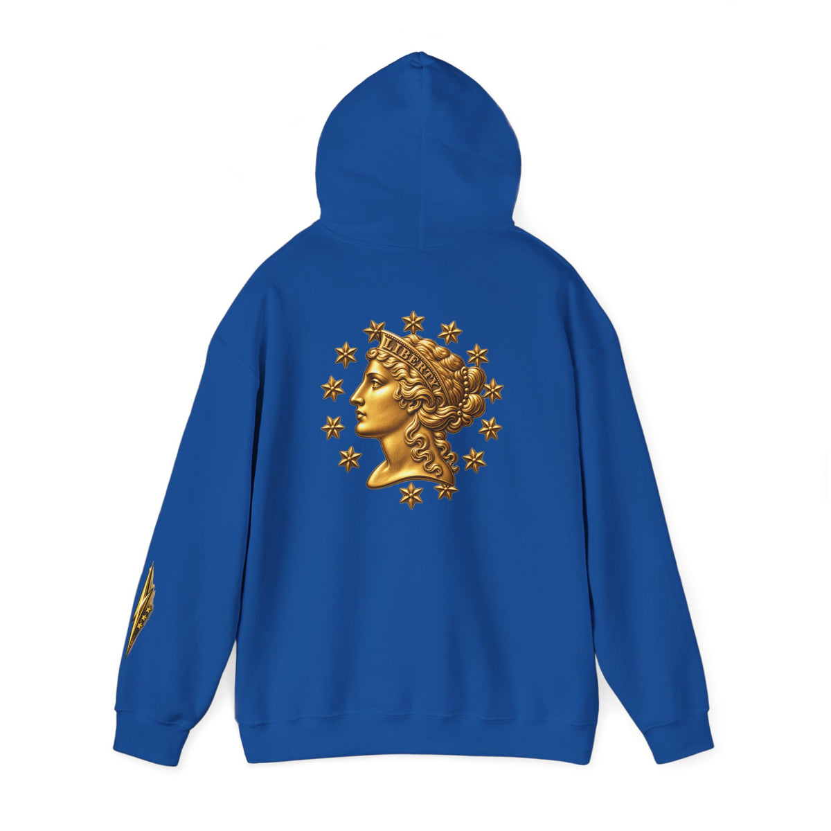 Hoodie — Gold Liberty Medallion Graphic Hoodie (Vintage Coin & Stars)