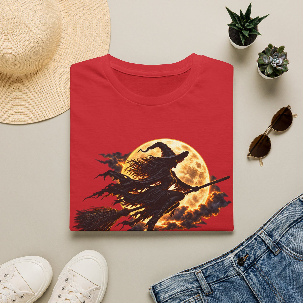 Witch Silhouette T-Shirt — Flying Witch & Full Moon Halloween Tee