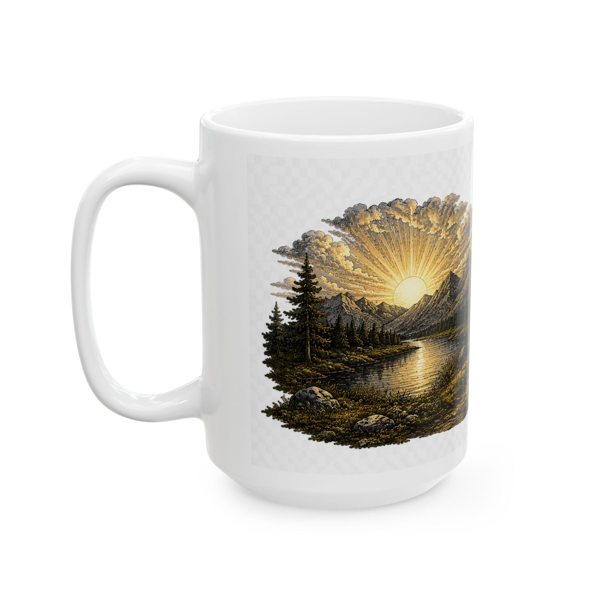 Sunrise Wilderness Ceramic Mug — Scenic Mountains & 'Seek Adventure' Sign (11oz, 15oz)