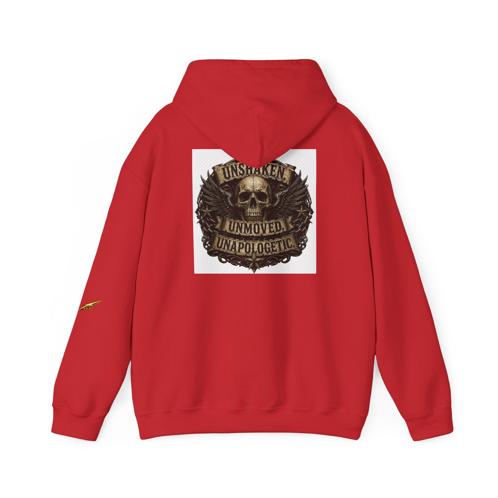 Hoodie — "Unshaken, Unmoved, Unapologetic" Skull Crest Back Print