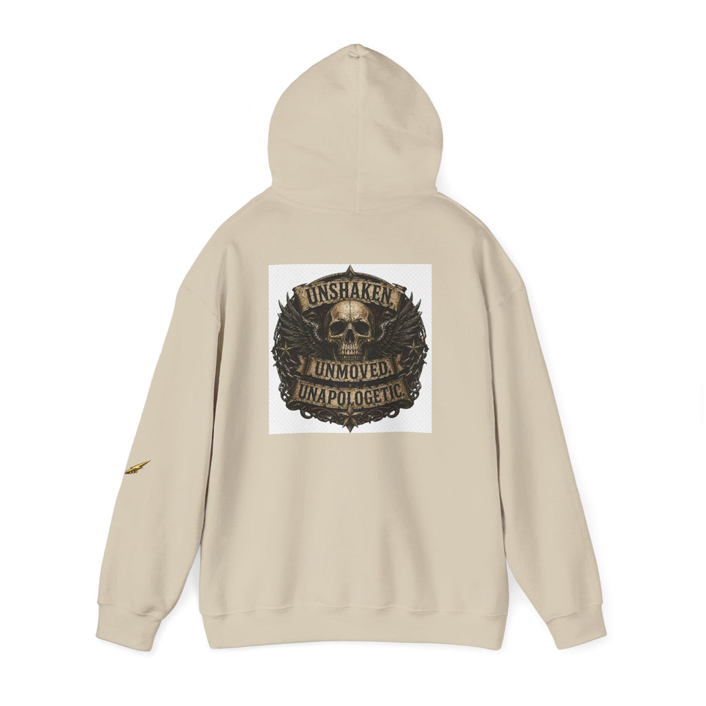 Hoodie — "Unshaken, Unmoved, Unapologetic" Skull Crest Back Print