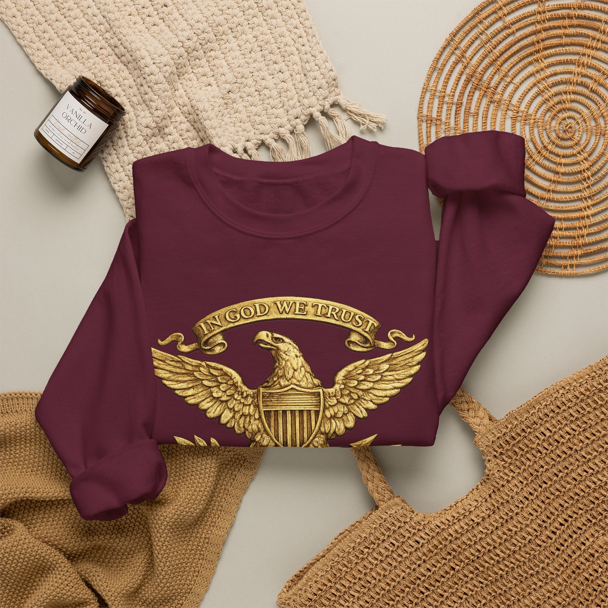 Gold Eagle Emblem Sweatshirt — ‘About We Trust’ Vintage Patriotic Crewneck