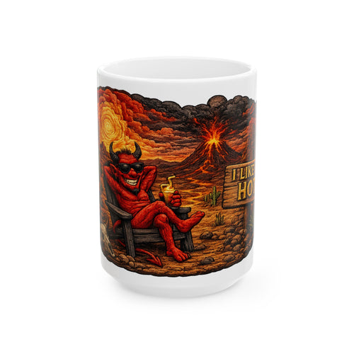 Devil Vacation Ceramic Mug — 'I Like It Hot' Volcano Coffee Tea Cup (11oz/15oz)