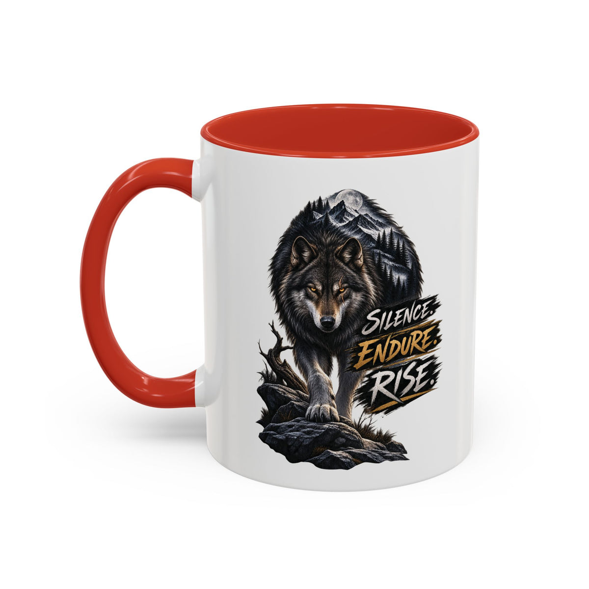 Wolf Graphic Coffee Mug — "Silence Endure Rise" Accent Ceramic Mug (11/15oz)