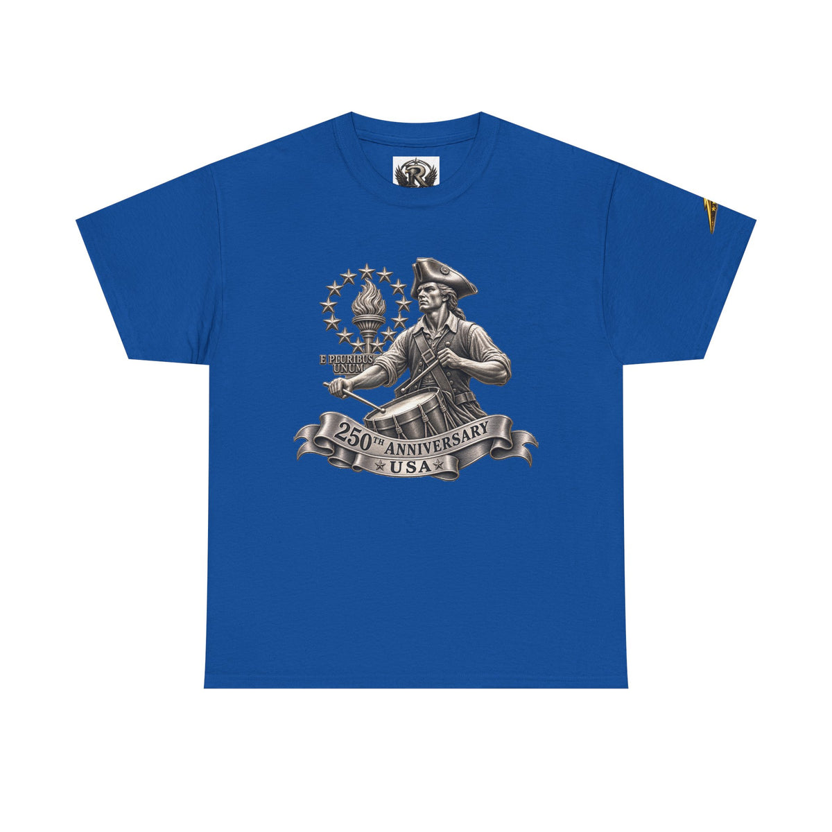250th Anniversary USA Patriotic T‑Shirt — Revolutionary Soldier & Waving Flag Tee