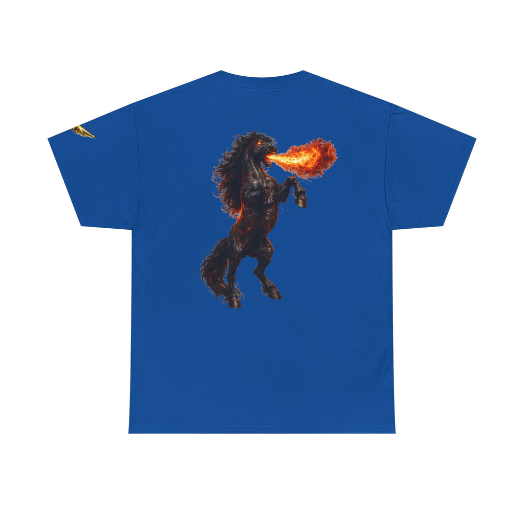 Fire-Breathing Horse Graphic Tee — Mythic Black Stallion Back Print