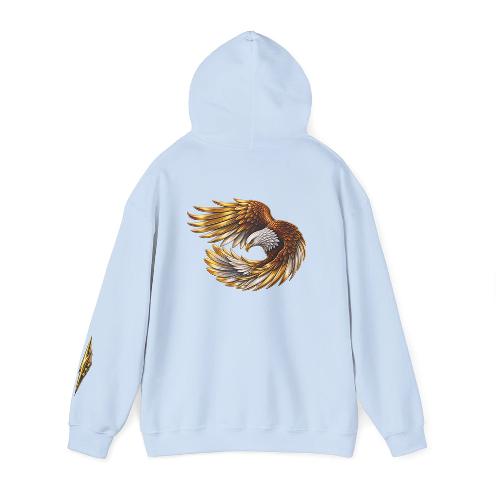 Eagle Wing Circle Hoodie — Golden Flying Eagle Back Graphic Sweatshirt