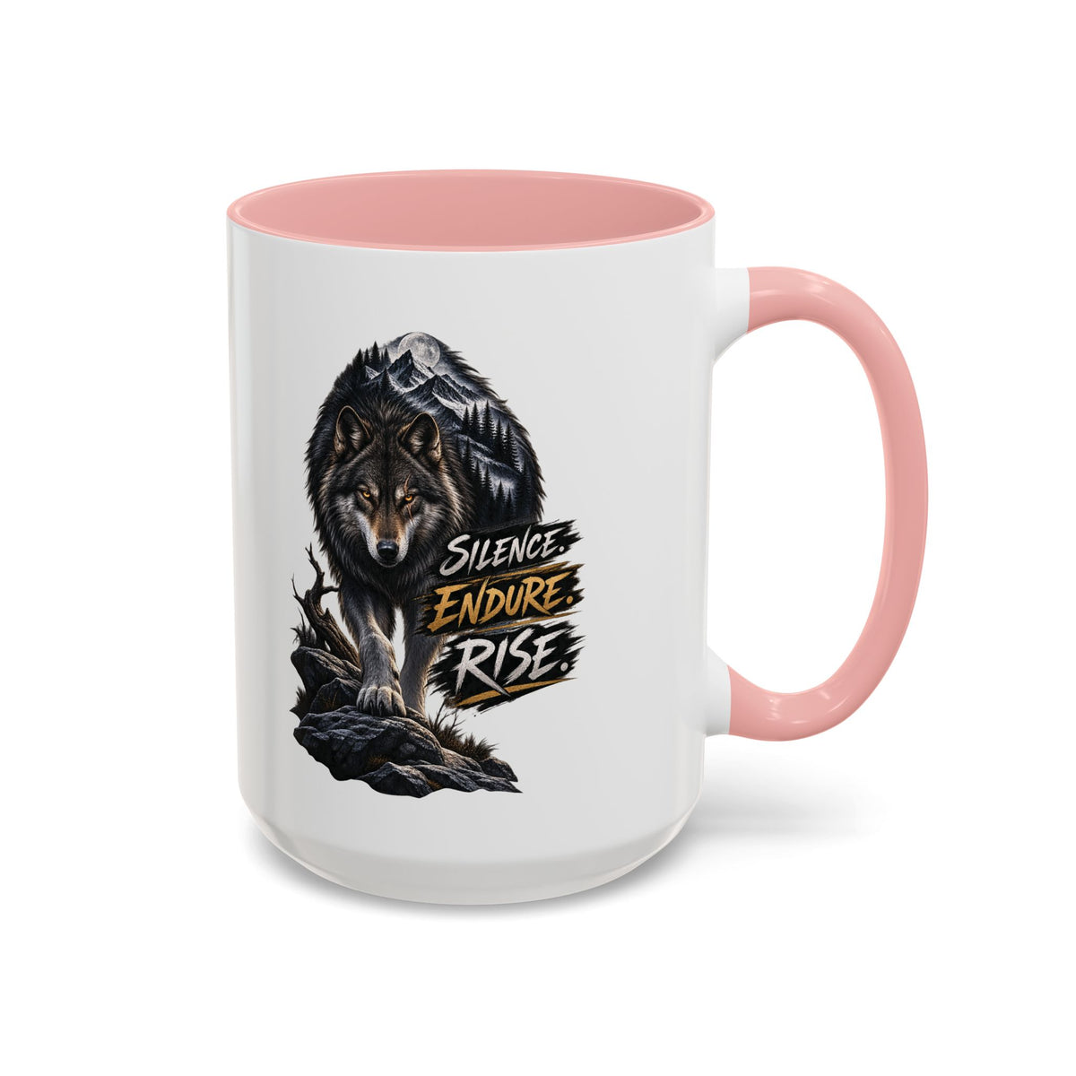 Wolf Graphic Coffee Mug — "Silence Endure Rise" Accent Ceramic Mug (11/15oz)