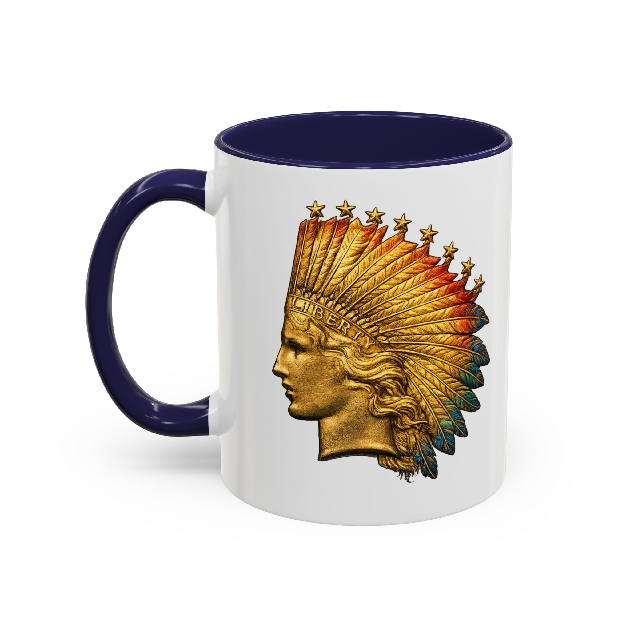 Golden Native Headdress Accent Coffee Mug – Vintage Indian Chief Design (11/15oz)