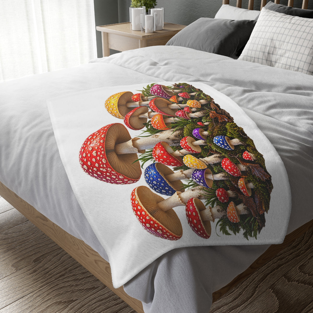 Psychedelic Toadstool Mushroom Blanket — Colorful Fungi Velveteen Throw