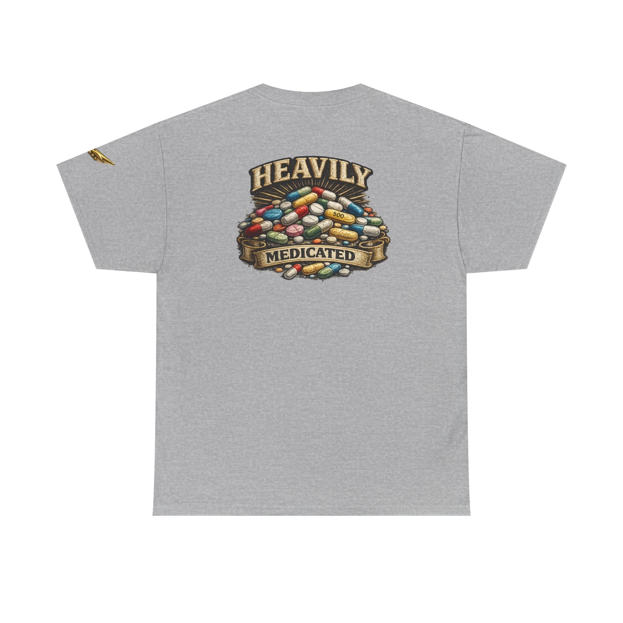 Heavily Medicated Tee — Graphic Pill Pile Back Print T‑Shirt