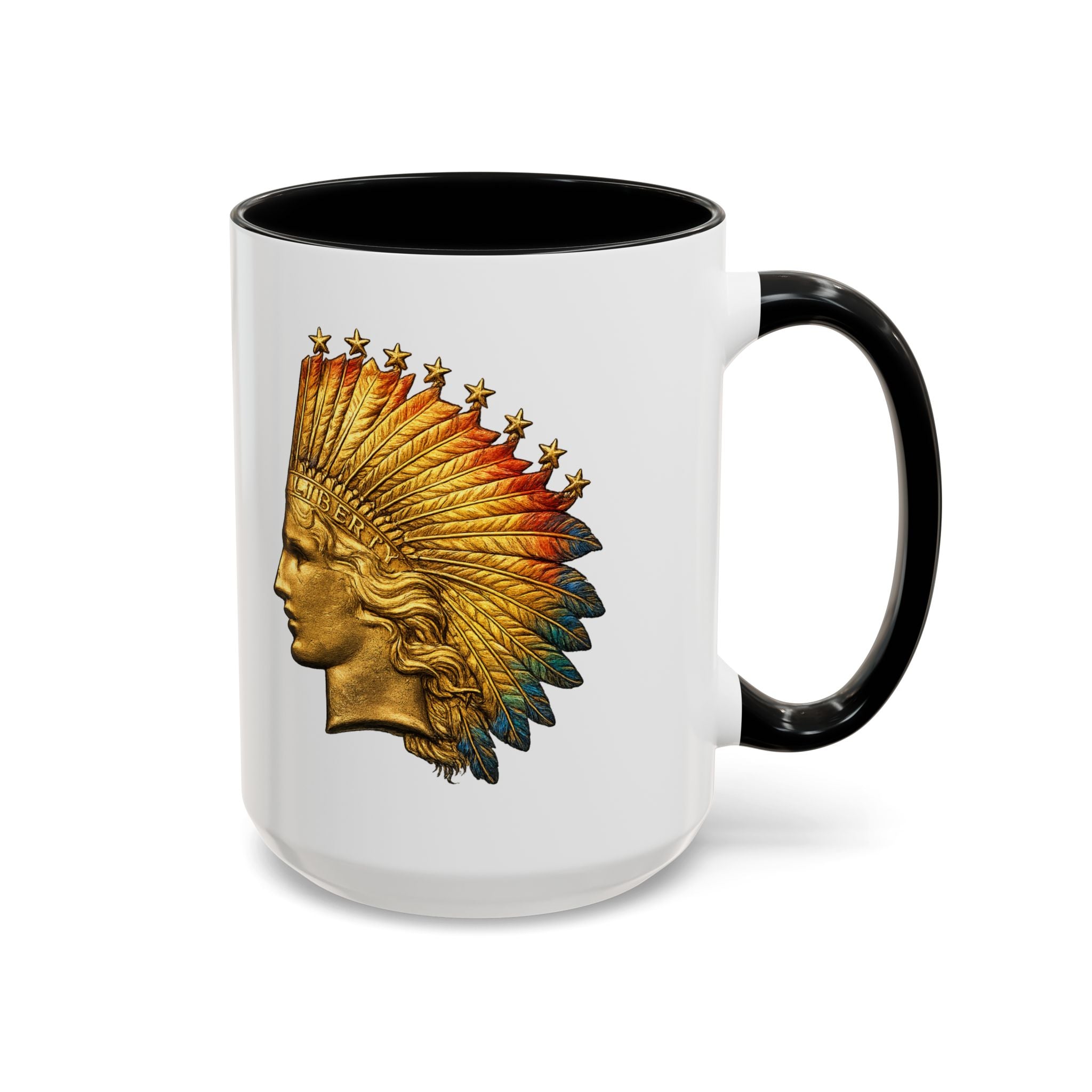 Golden Native Headdress Accent Coffee Mug – Vintage Indian Chief Design (11/15oz)