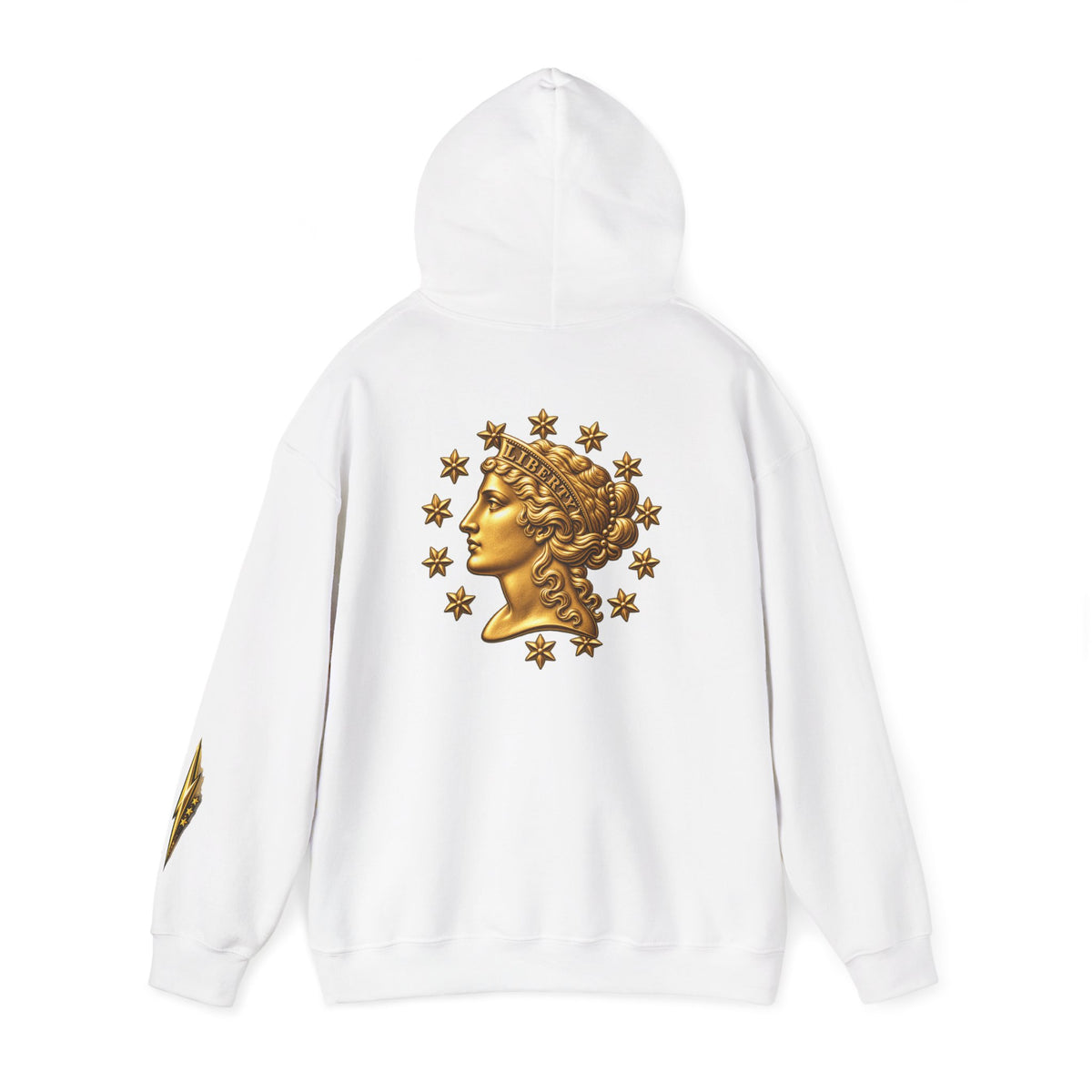 Hoodie — Gold Liberty Medallion Graphic Hoodie (Vintage Coin & Stars)